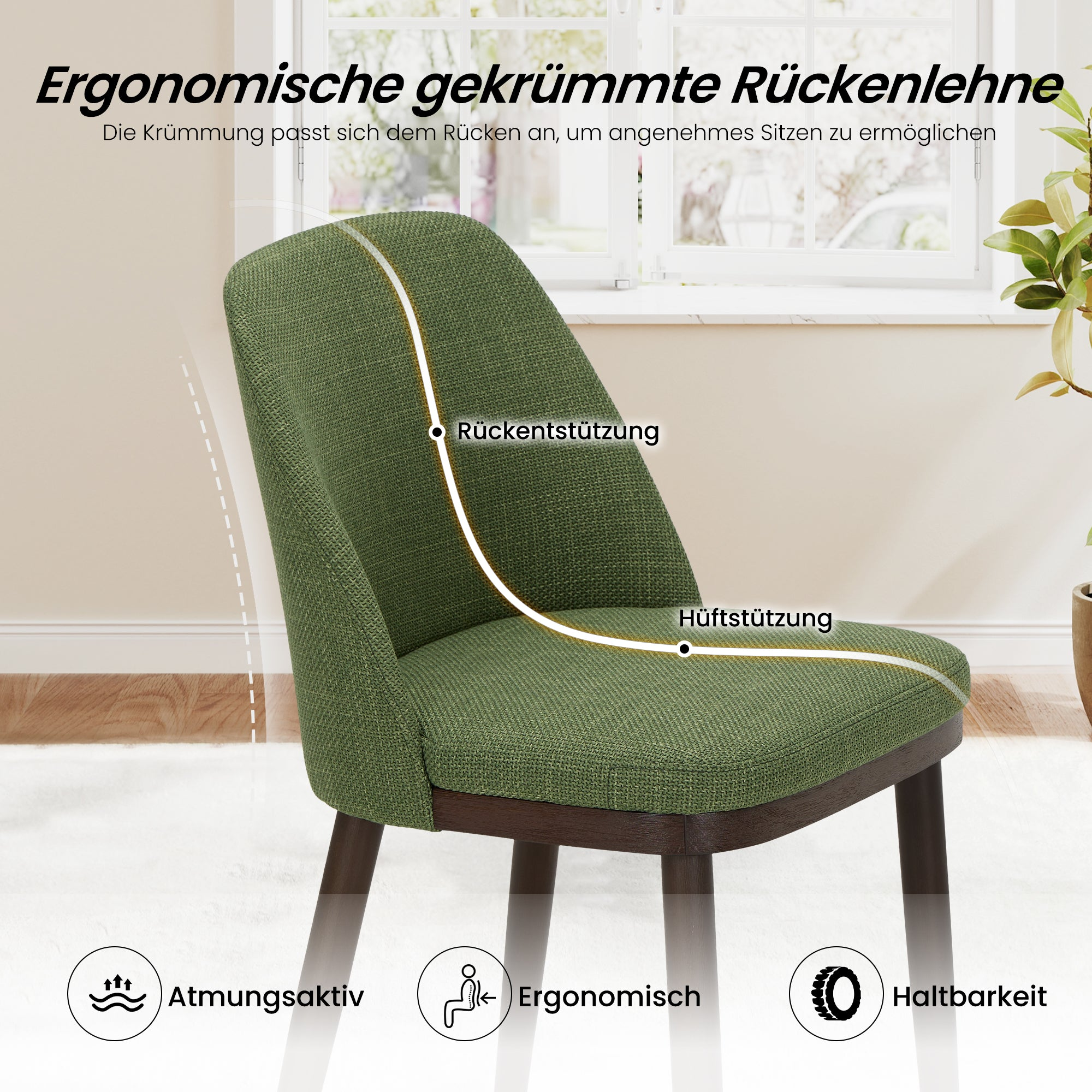 Sedia verde con schienale ergonomico davanti a una finestra con testo e icone.