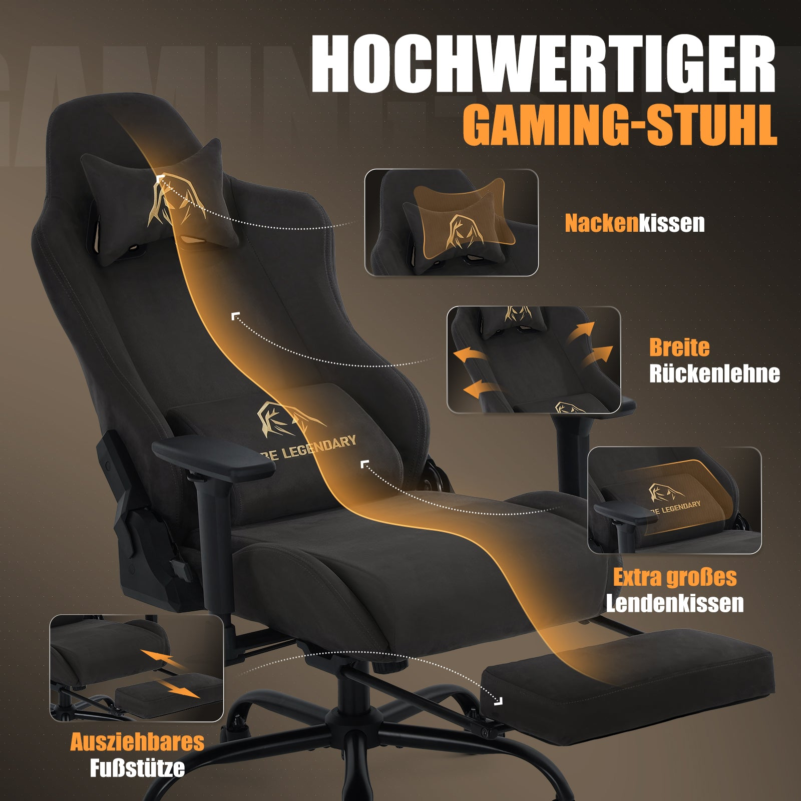 Ein schwarzer Gaming-Stuhl mit Nackenkissen, breiter Rückenlehne, Lendenkissen und Fußstütze.
