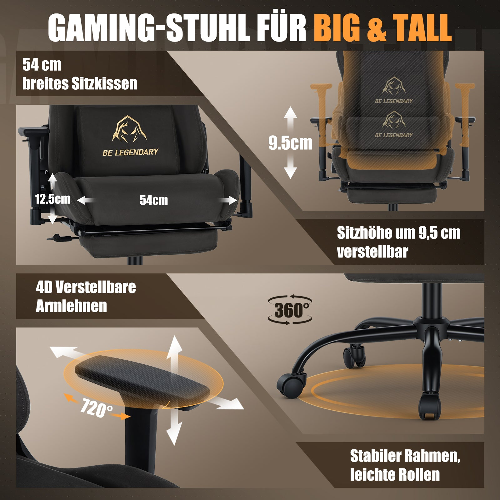 Infografik zeigt Merkmale eines Gaming-Stuhls für große Personen, inkl. 54cm Sitzbreite, 9.5cm Höhenverstellung und 4D-Armlehnen.