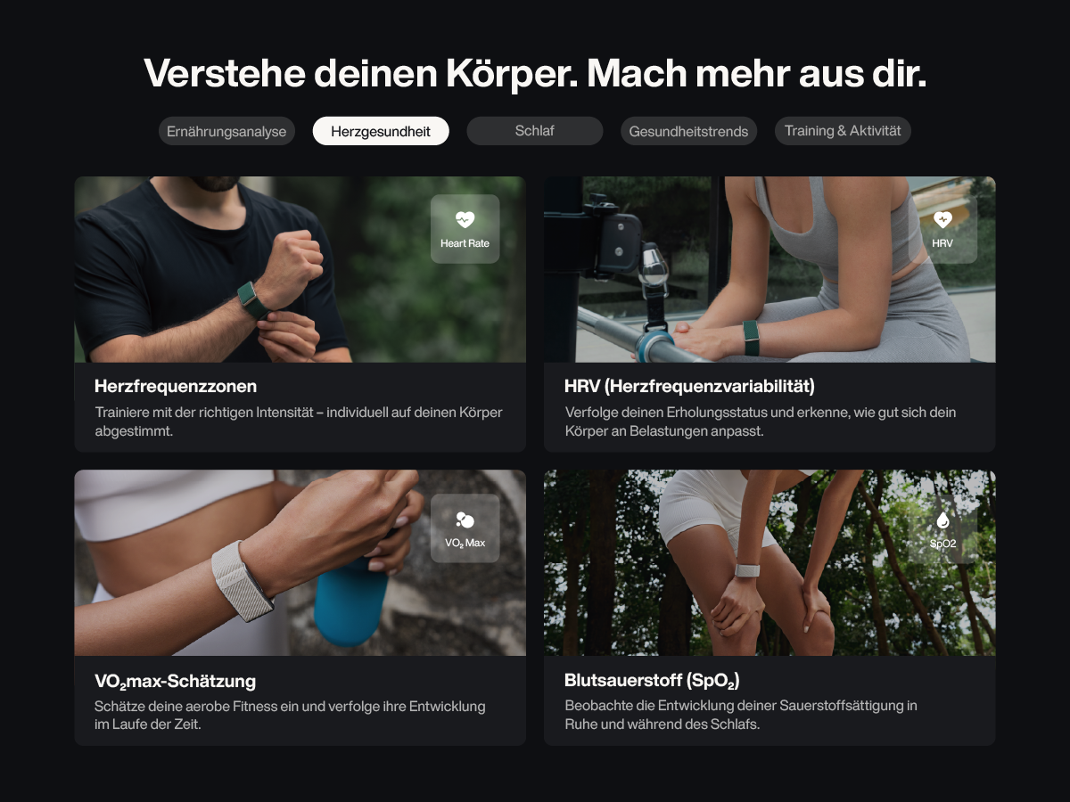 Fitness-Dashboard mit vier Bildern, die verschiedene Gesundheitsfunktionen einer Smartwatch und App zeigen.