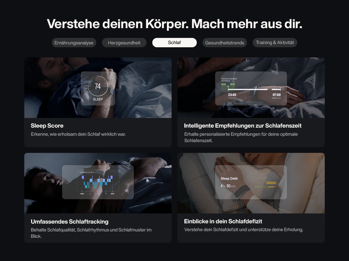 App-Übersicht für Schlafanalyse mit vier Bildschirmen, die Schlafwert, Empfehlungen und Tracking zeigen.