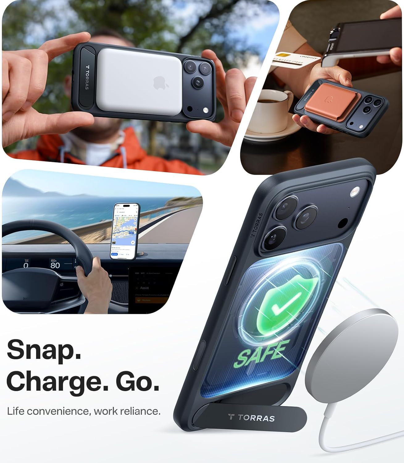 Eine Hand hält eine schwarze iPhone-Hülle mit magnetischem weißem Zubehör, im Hintergrund Autos und ein Schreibtisch.