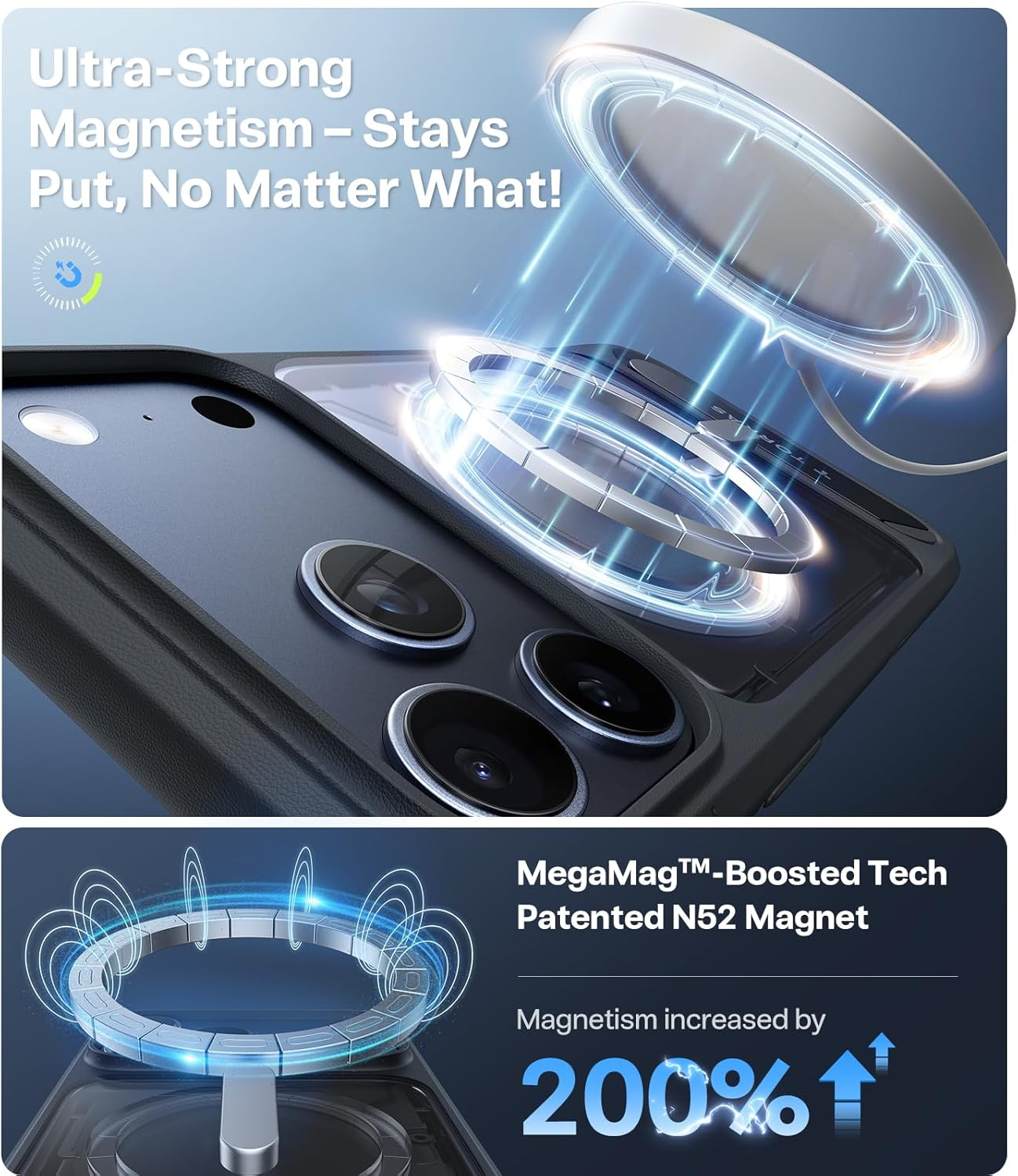 Starke magnetische Handyhülle mit leuchtendem Magnetring und Text zu starkem Magnetismus.