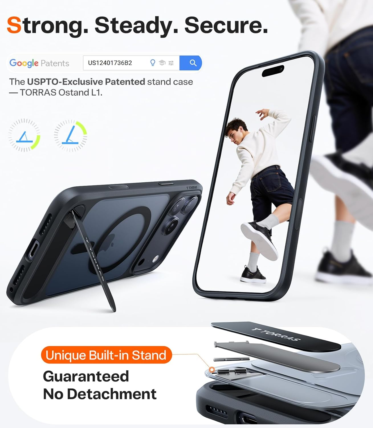 Starke und sichere Smartphone-Hülle von Torras mit integriertem, patentiertem Ständer.