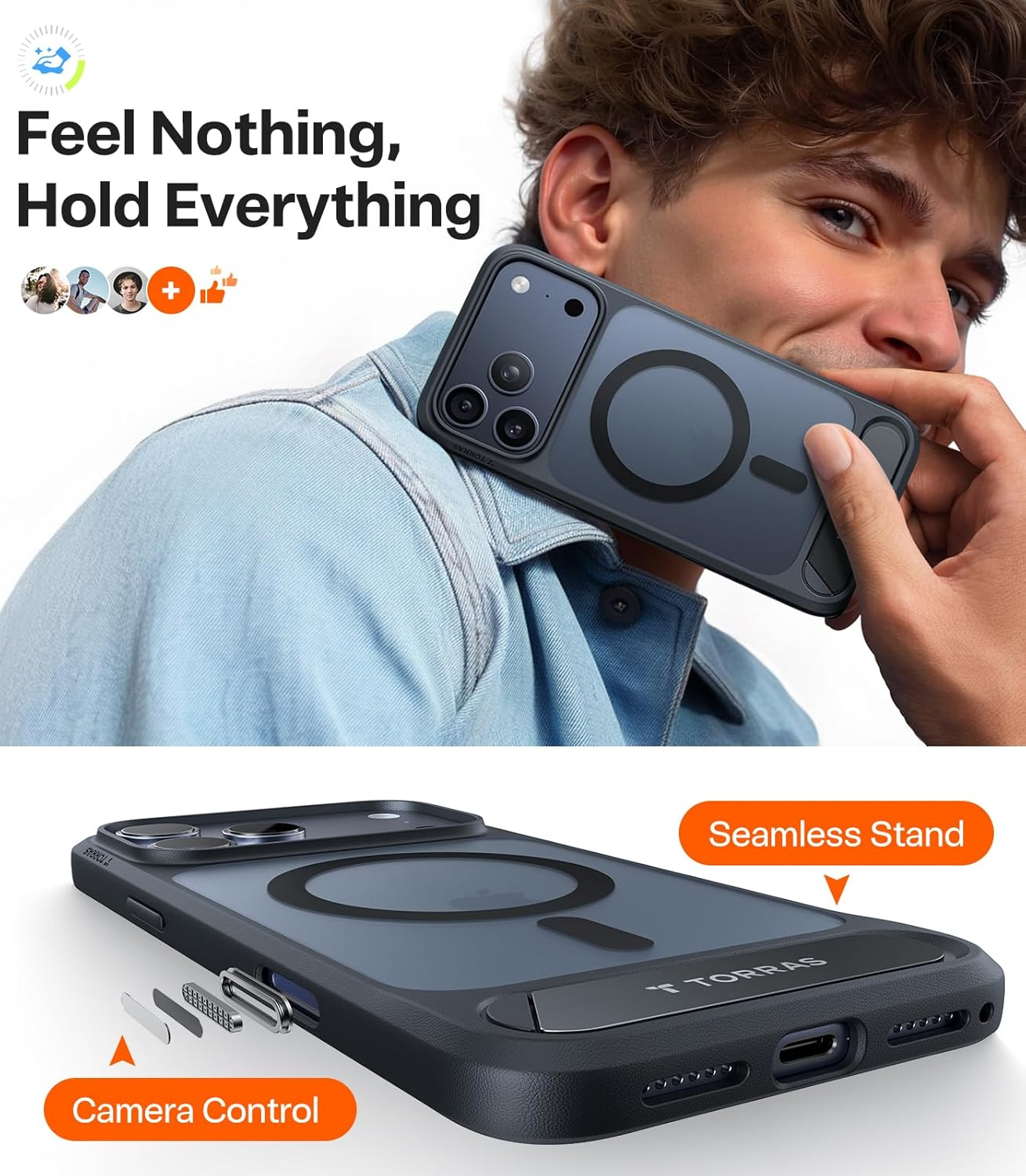 Ein Mann hält ein schwarzes Smartphone mit Schutzhülle, Standfuß und Kamera-Steuerungselementen.