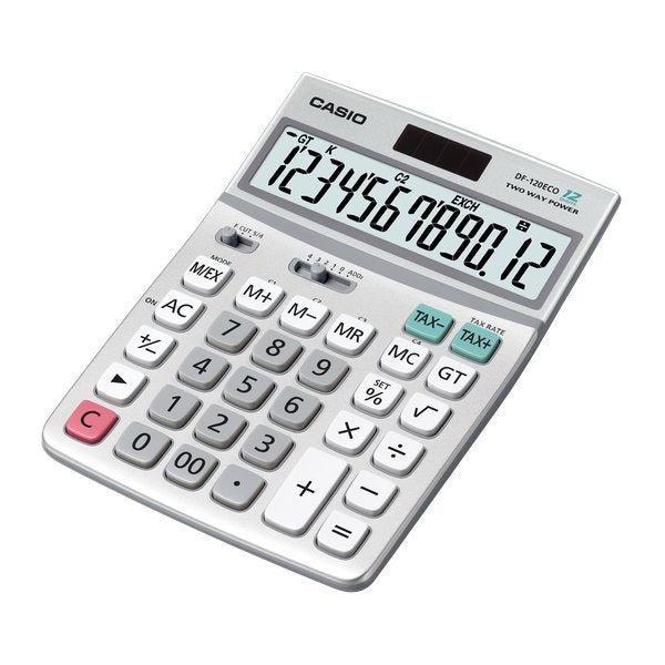 Ein silberner Casio Tischrechner mit großem Display und grauen sowie farbigen Funktionstasten.