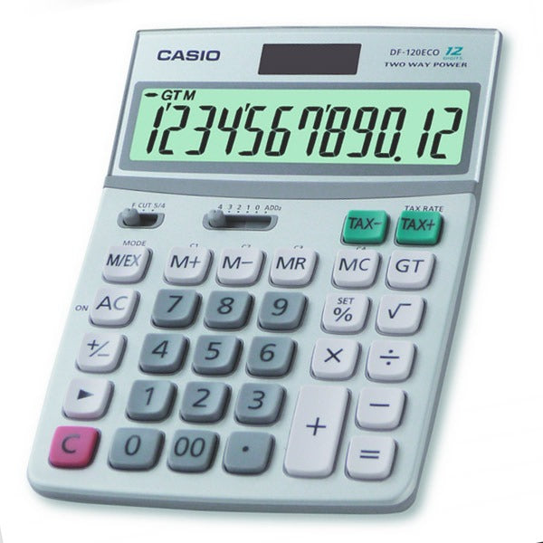 Ein silberner Casio Tischrechner mit großem grünem LCD-Bildschirm und Tasten in Grau und Weiß.