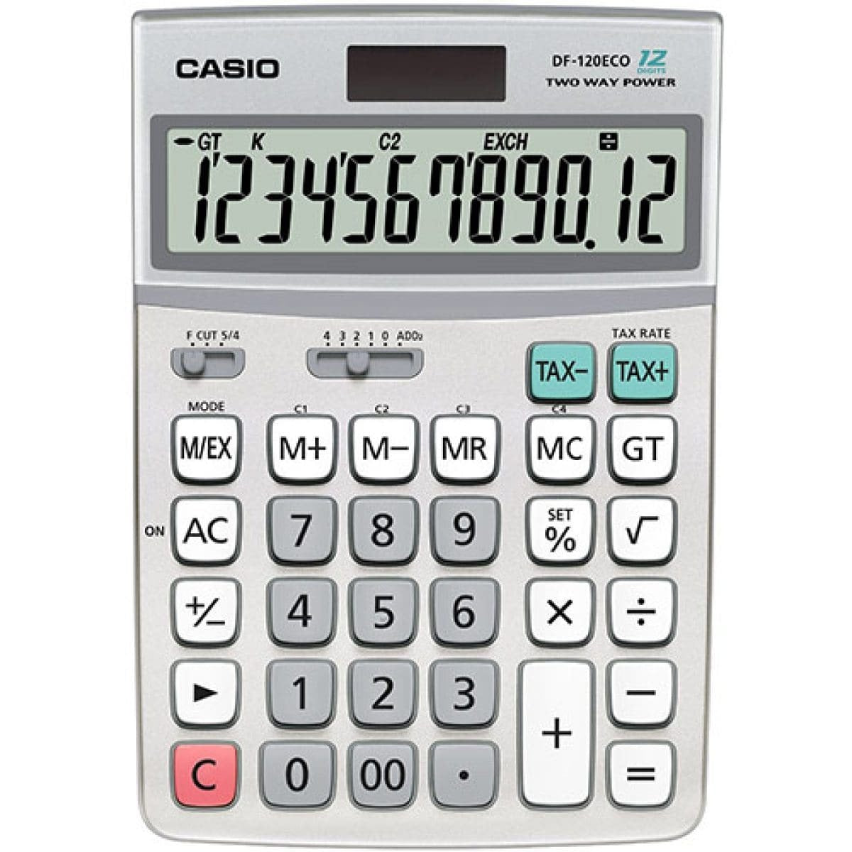 Ein silberner Casio Taschenrechner mit großem Display und grauen Tasten.