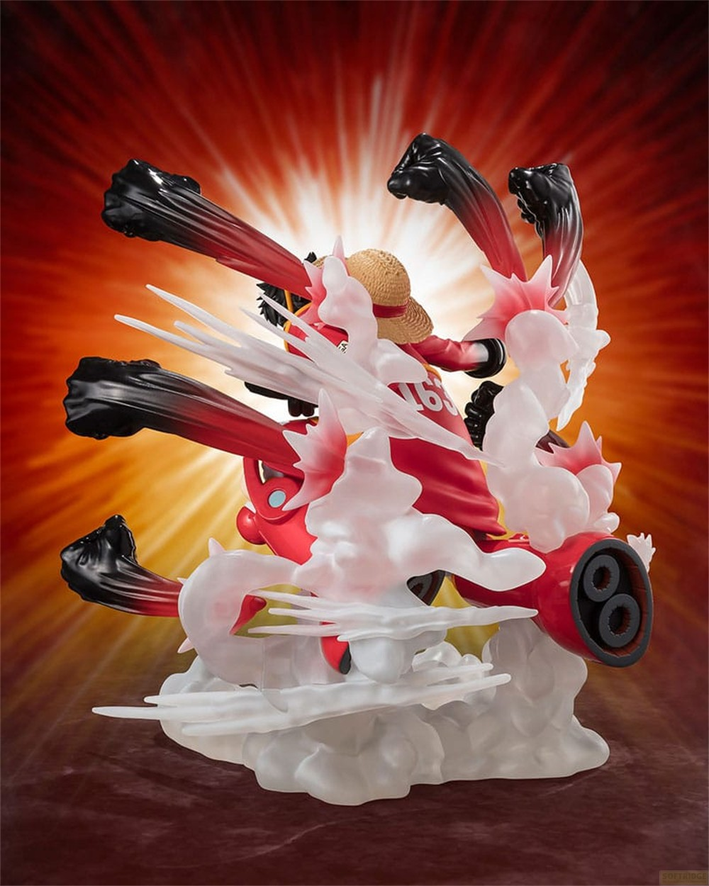 Una figura de anime con ropa roja y sombrero de paja, rodeada de humo y manos negras sobre fondo brillante.
