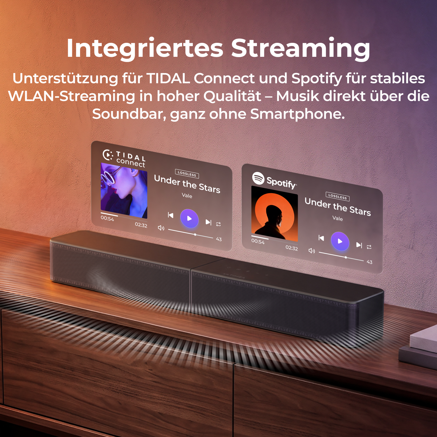Soundbar auf einem Holzschrank mit schwebenden Displays für Tidal Connect und Spotify.