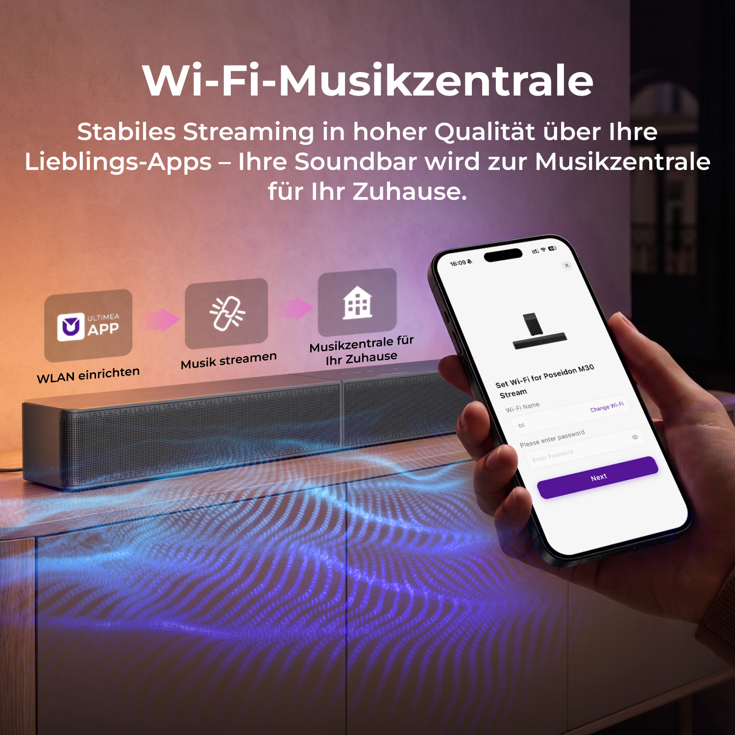 Smartphone zeigt Wi-Fi-Einrichtung für Soundbar mit App, Streaming und Musikzentrale-Symbolen.