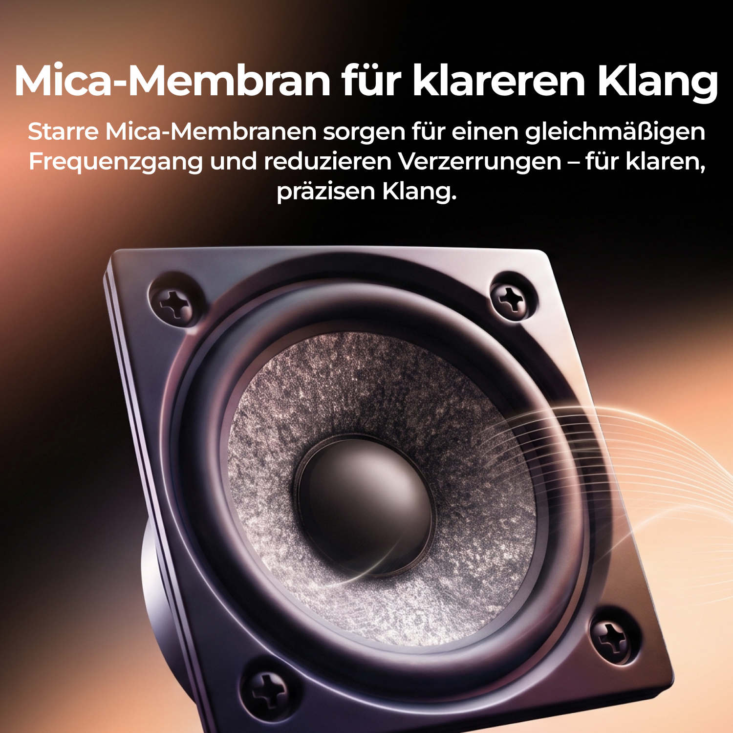 Ein Lautsprecher mit Mica-Membran für klaren Klang vor dunklem Hintergrund mit Text.