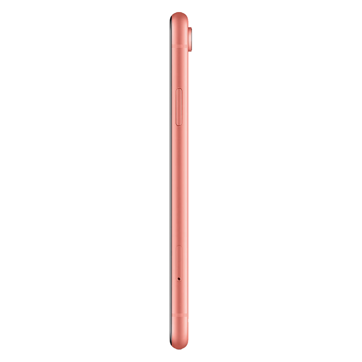 Vue latérale d'un smartphone rose avec des boutons visibles sur fond noir.