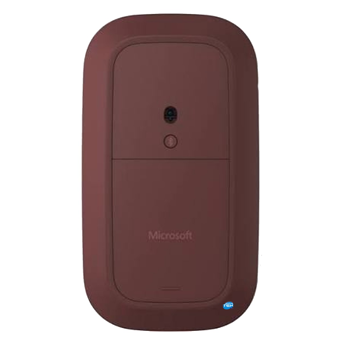 Vista dal basso di un mouse Microsoft Bluetooth marrone con sensore e pulsante di associazione.