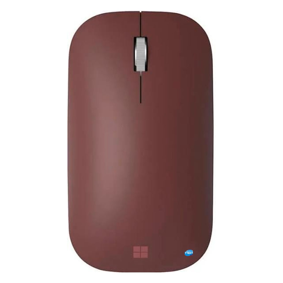 Un elegante mouse per computer rosso scuro con rotella di scorrimento argento su sfondo bianco.