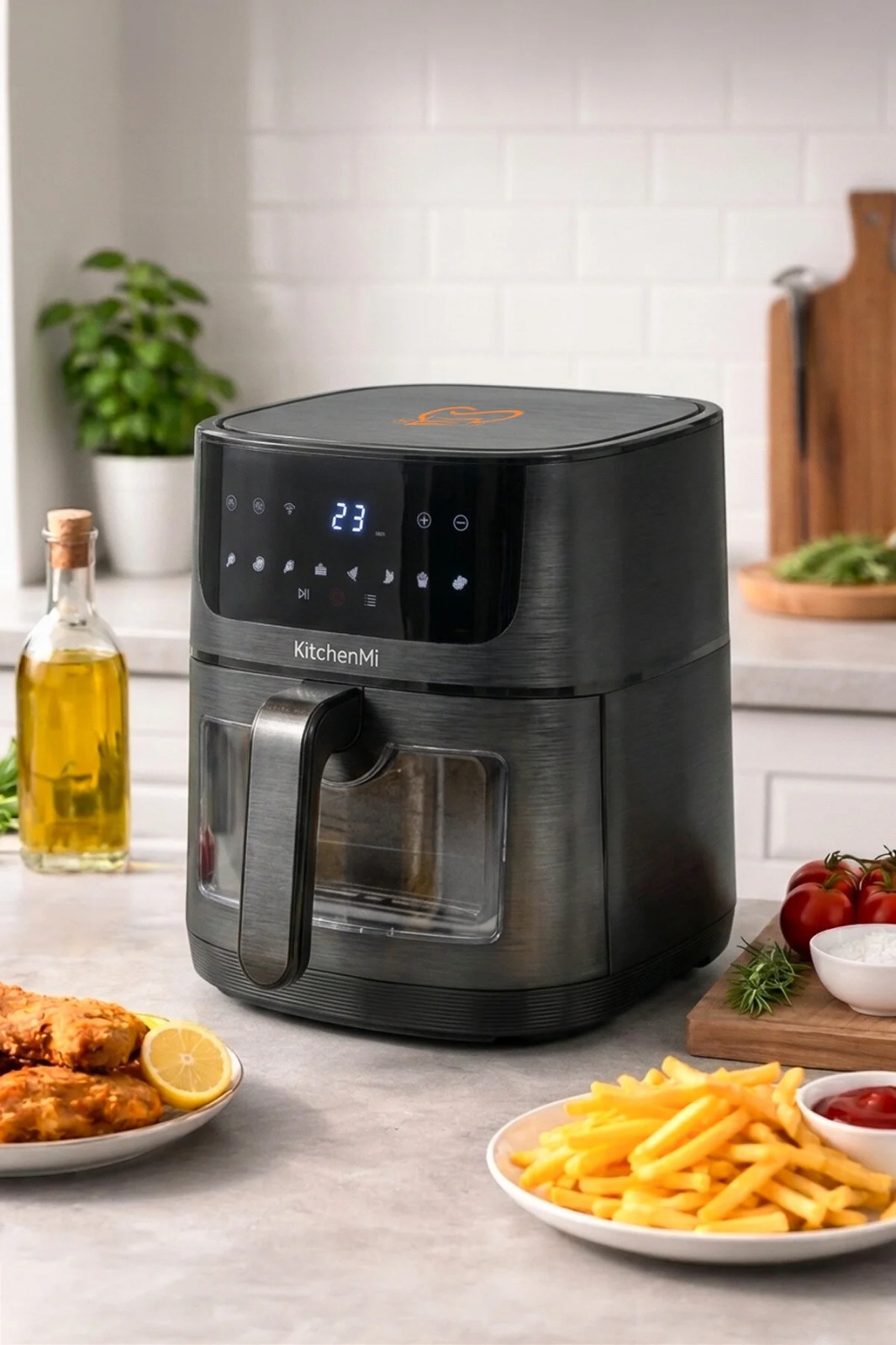 Patates kızartması ve tavukla mutfak tezgahında siyah airfryer.
