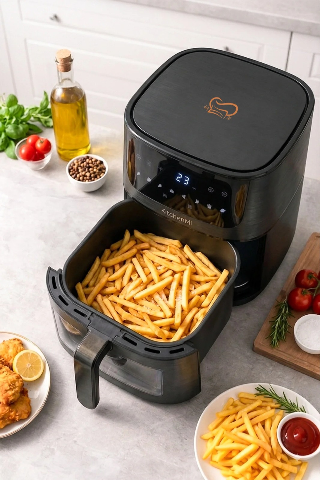 Tezgâh üzerinde duran siyah bir fritöz, açılan çekmecesinde taze kızarmış patatesler var.