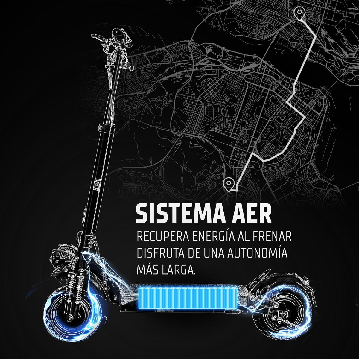 Patinete eléctrico con sistema de energía azul y mapa de ciudad de fondo.