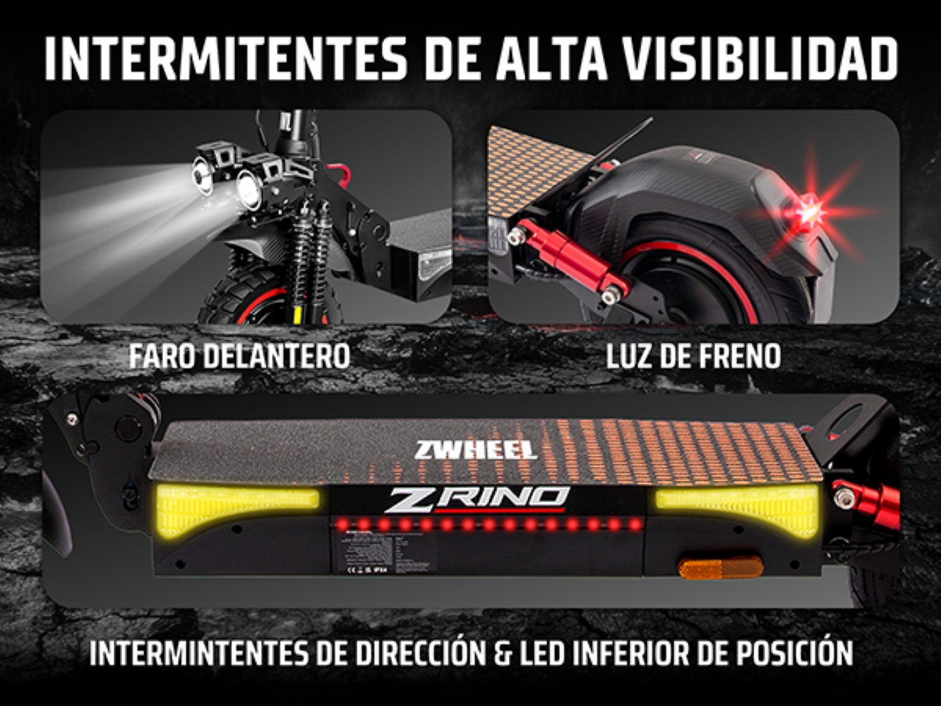 Patinete eléctrico con luces LED delanteras, traseras y laterales de alta visibilidad.