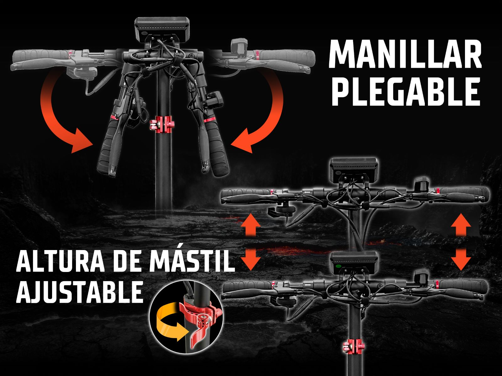 Patinete eléctrico con manillar plegable y altura de mástil ajustable con detalles rojos.