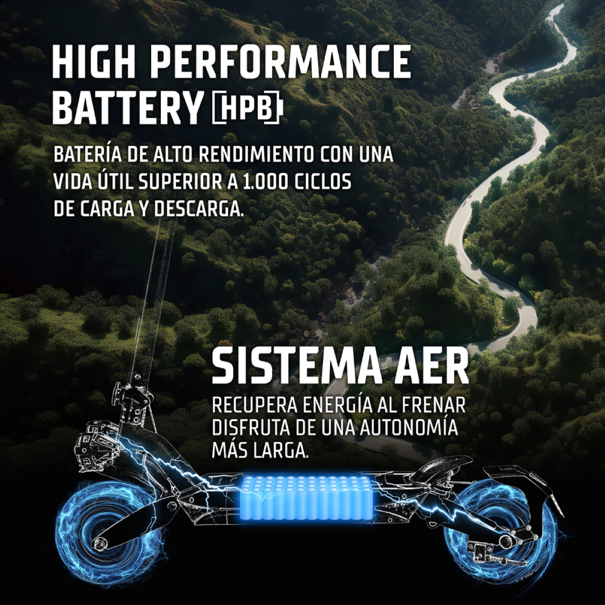 Imagen promocional de patinete eléctrico con batería de alto rendimiento y sistema AER sobre carretera de montaña.