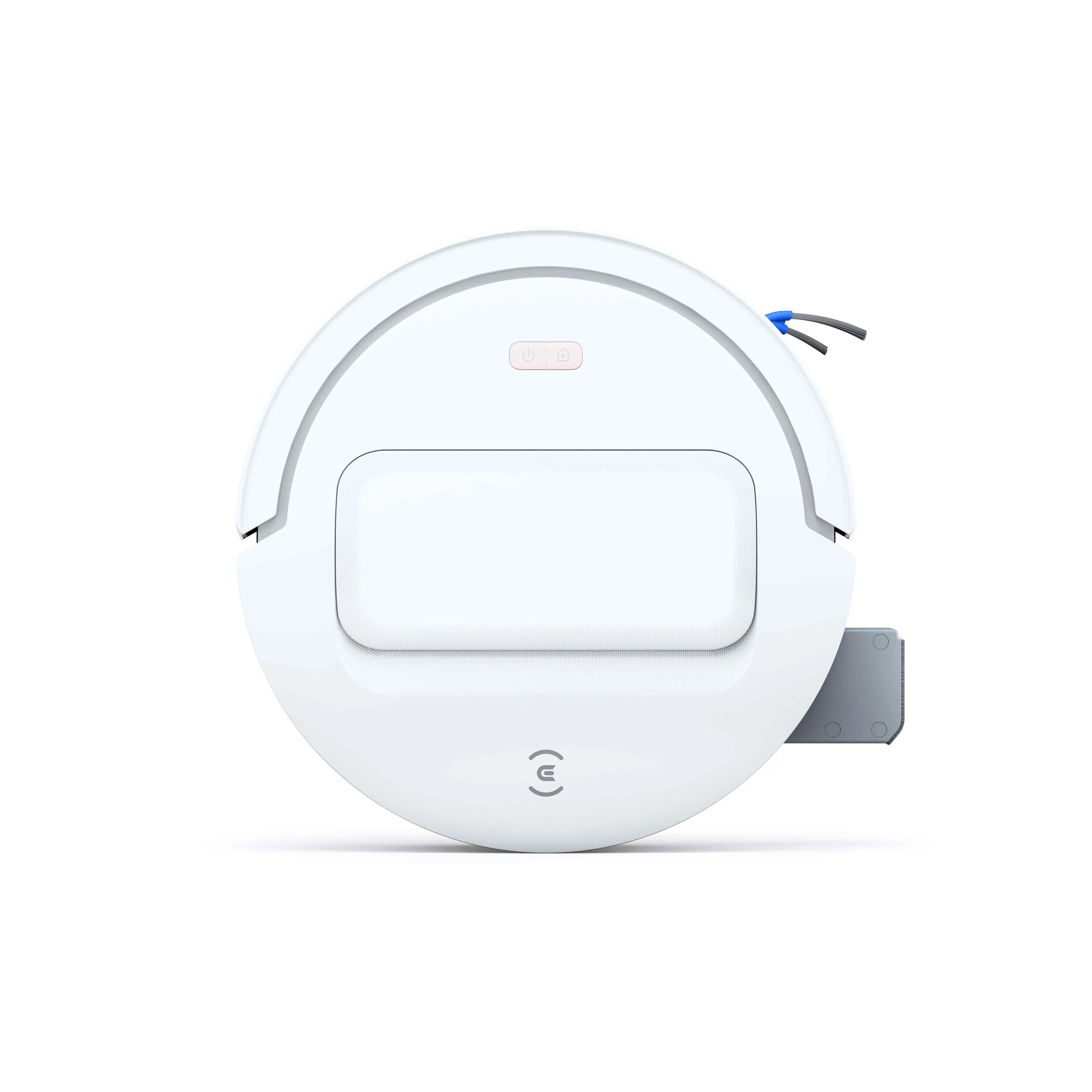 Un robot aspirador blanco con dos botones superiores, un panel frontal y un pequeño cepillo lateral azul sobre fondo blanco.