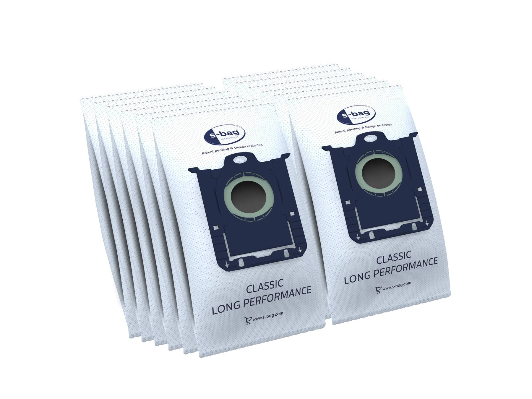 Multiple white Classic Long Performance s-bag vacuum cleaner bags arranged in a row against a white background.
