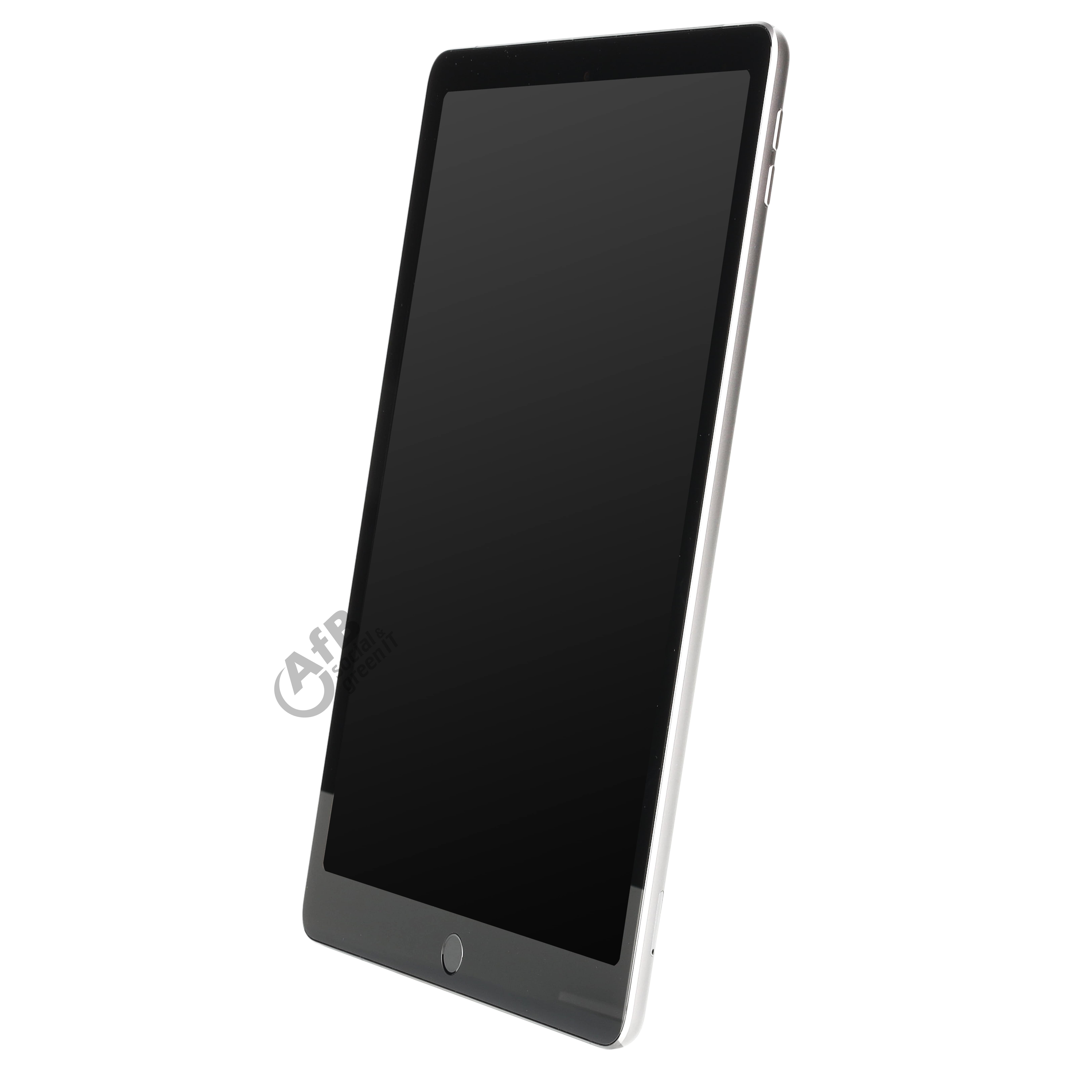 Ein modernes schwarzes Tablet mit leerem Bildschirm steht schräg vor weißem Hintergrund.