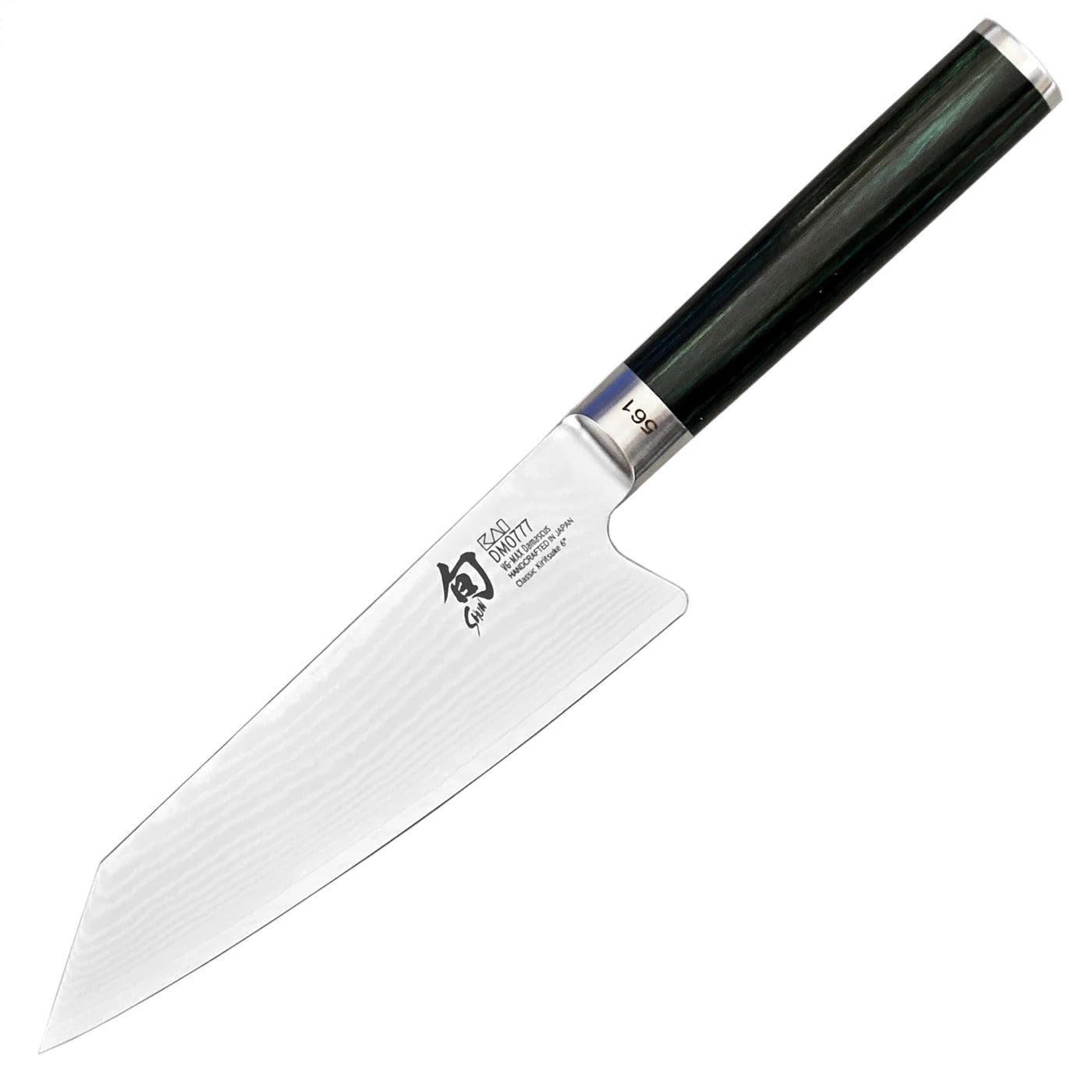 Een strak Kiritsuke mes met een Damaskus stalen blad en een zwarte houten handgreep op witte achtergrond.