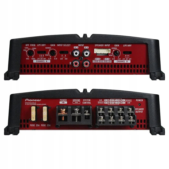 Paneles trasero y inferior de un amplificador de coche Pioneer rojo con varios puertos y controles.