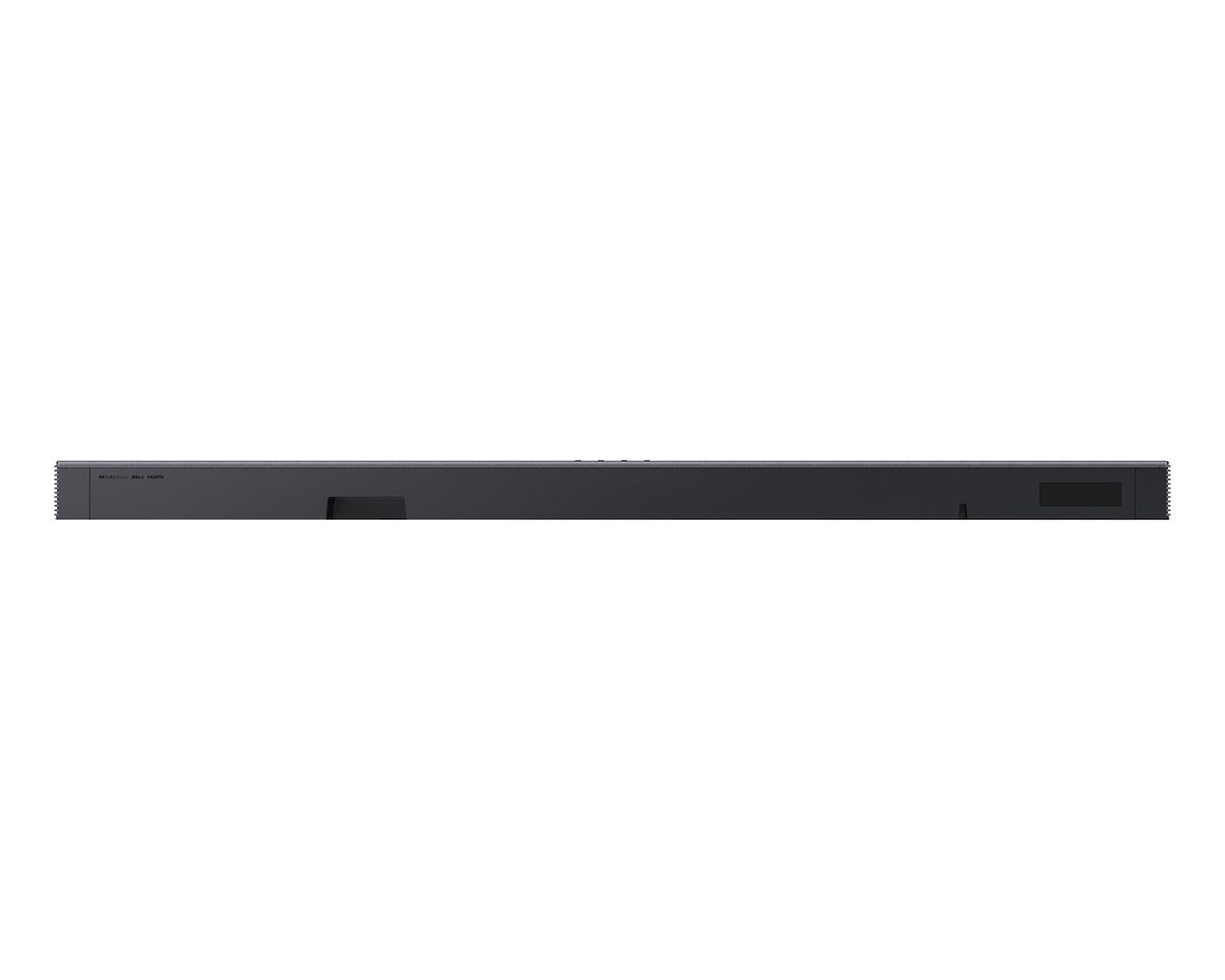 Eine elegante, lange schwarze Soundbar vor weißem Hintergrund, von vorne gesehen.