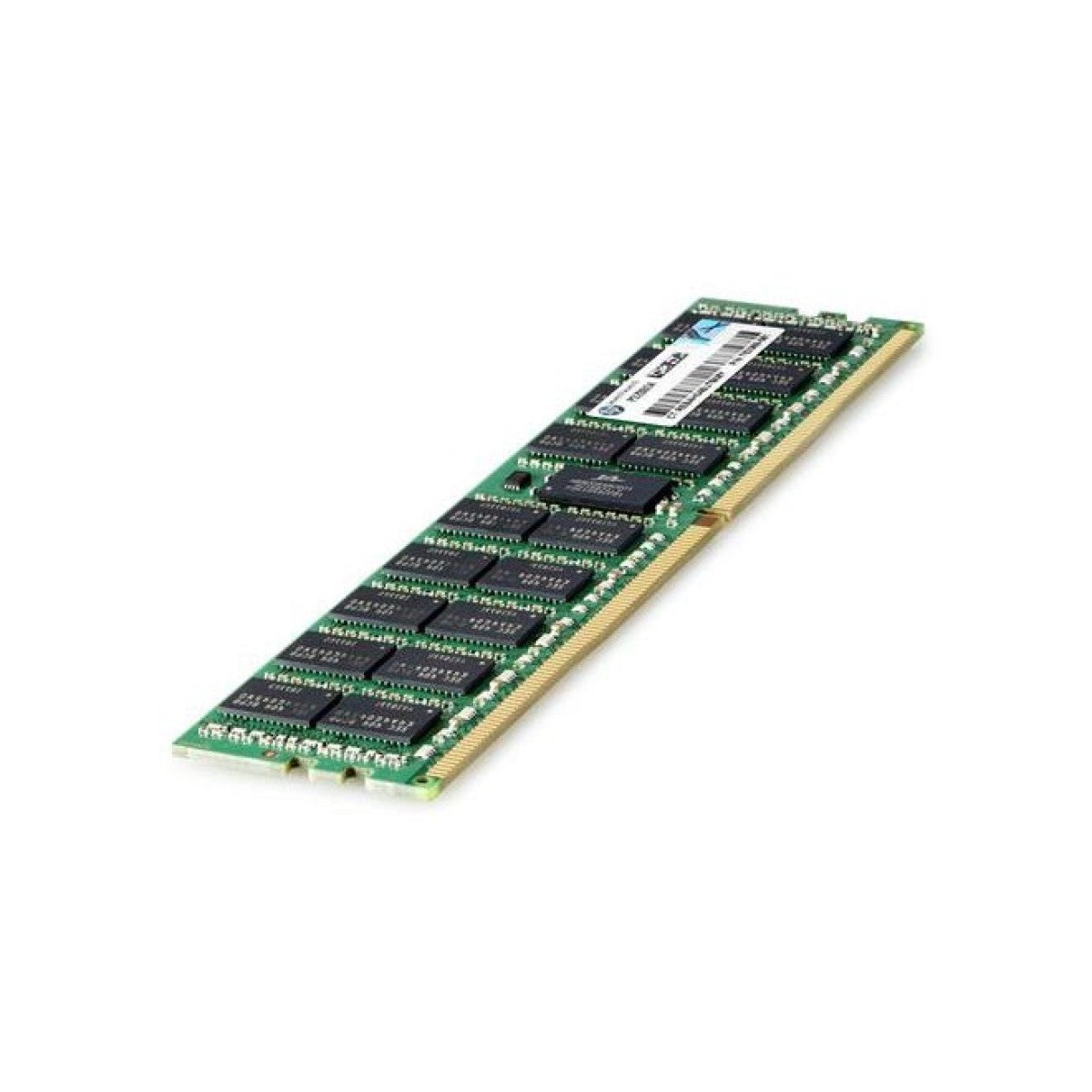 Modulo di memoria RAM verde con chip neri e contatti dorati su sfondo bianco.