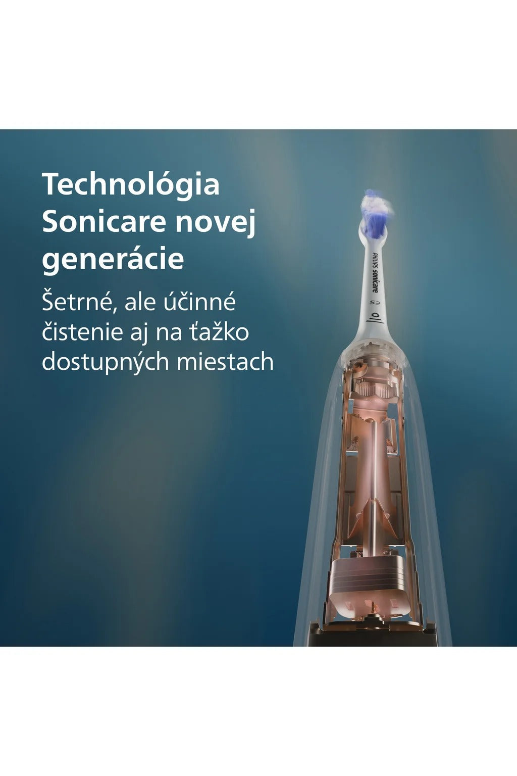 Sezione trasversale di uno spazzolino Philips Sonicare su sfondo blu con testo in slovacco.