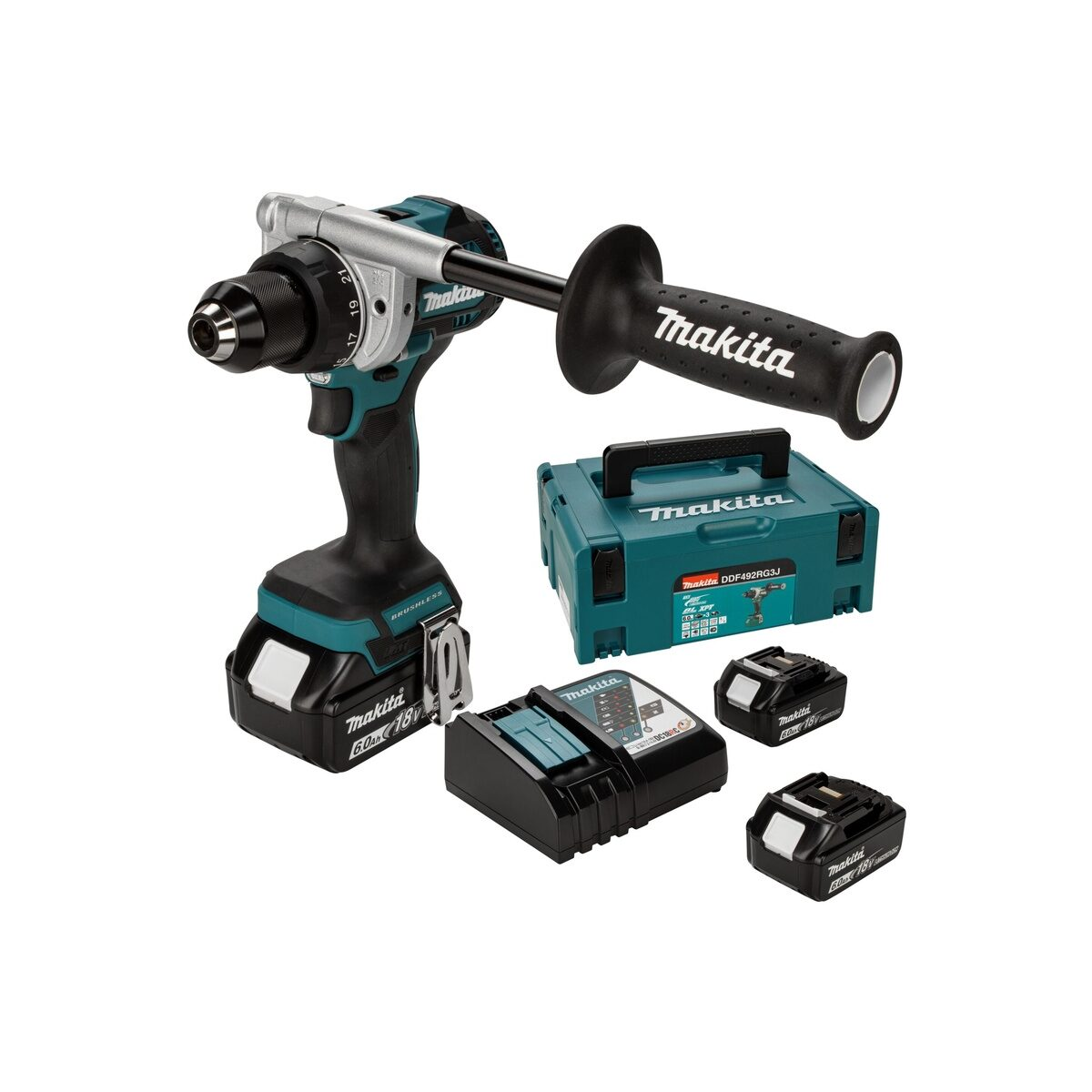 Un trapano a batteria Makita con impugnatura laterale, valigetta, caricabatterie e due batterie.