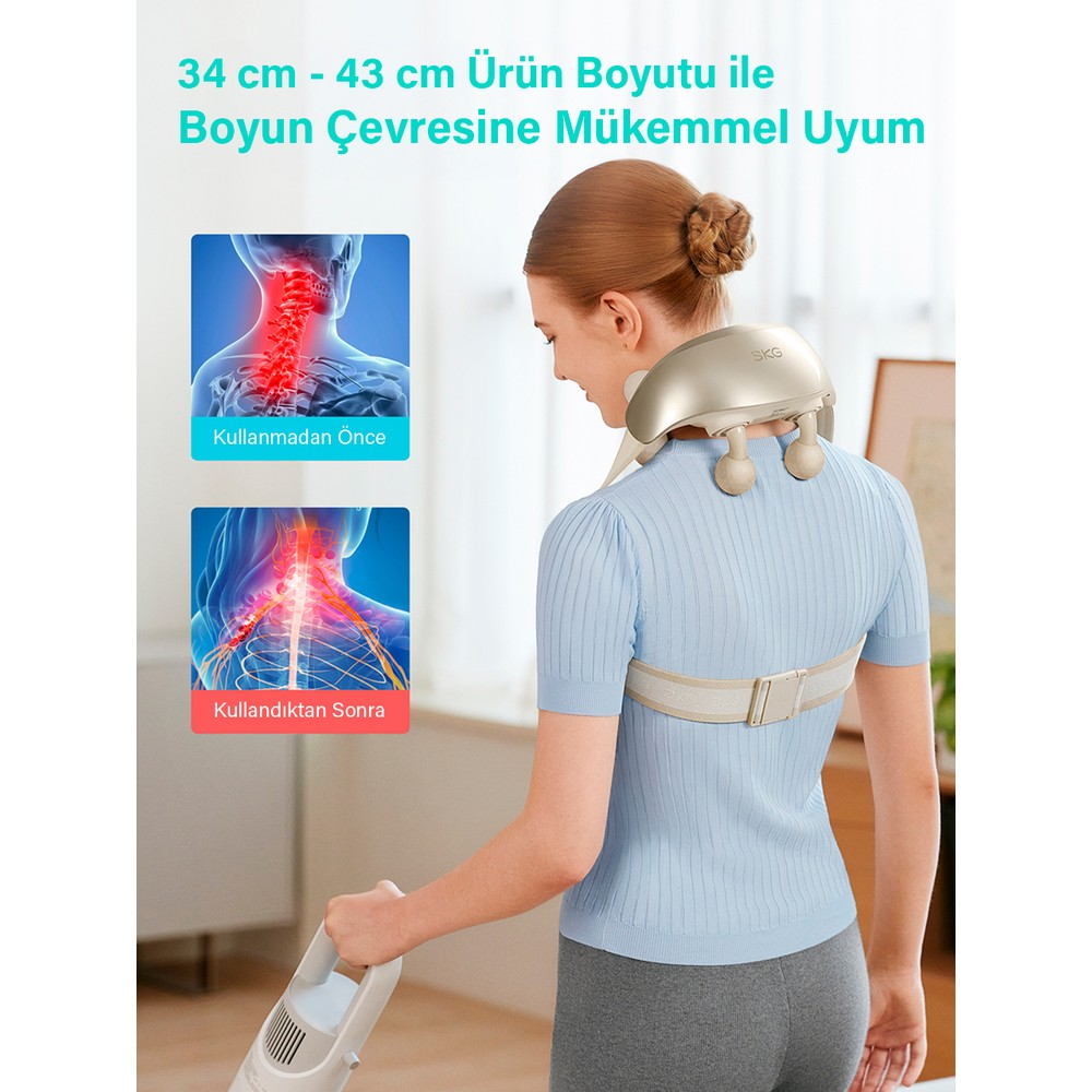 Sol tarafta anatomik önce ve sonra görselleri bulunan boyun masaj aleti takan kadın.