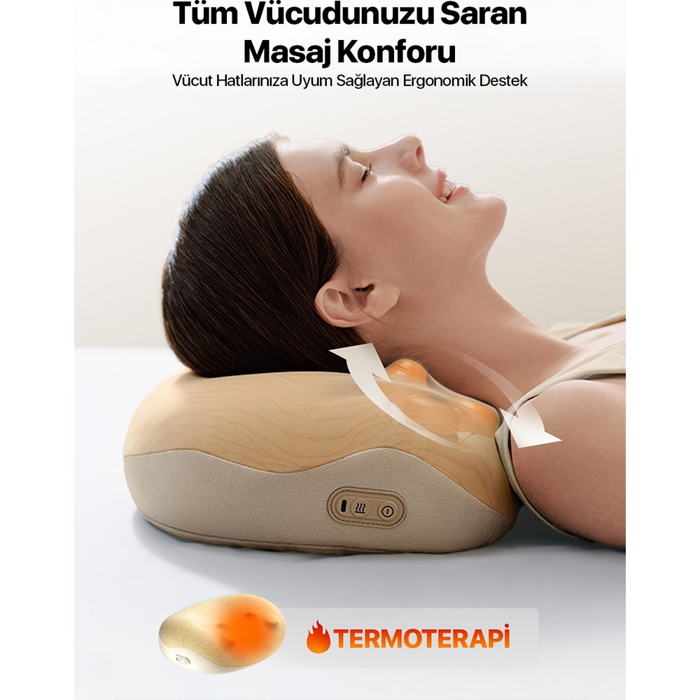 Bir kadın termoterapi özellikli ergonomik boyun masaj yastığını kullanıyor.