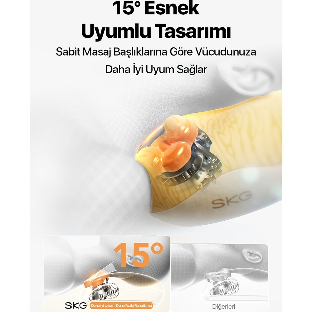 Bir SKG boyun masaj aletinin diğerlerine kıyasla 15 derece esnek tasarımını gösteren şema.