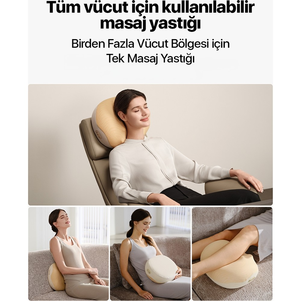 Bir kadın üstteki metinle boyun, sırt ve bacaklar için bej renkli masaj yastığını çeşitli sahnelerde kullanıyor.