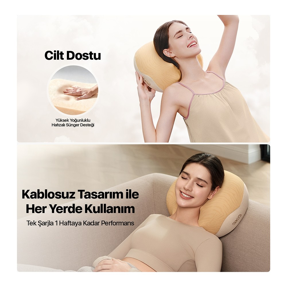 Bir kadın yatakta ve kanepede sarı boyun masaj yastığı kullanıyor.