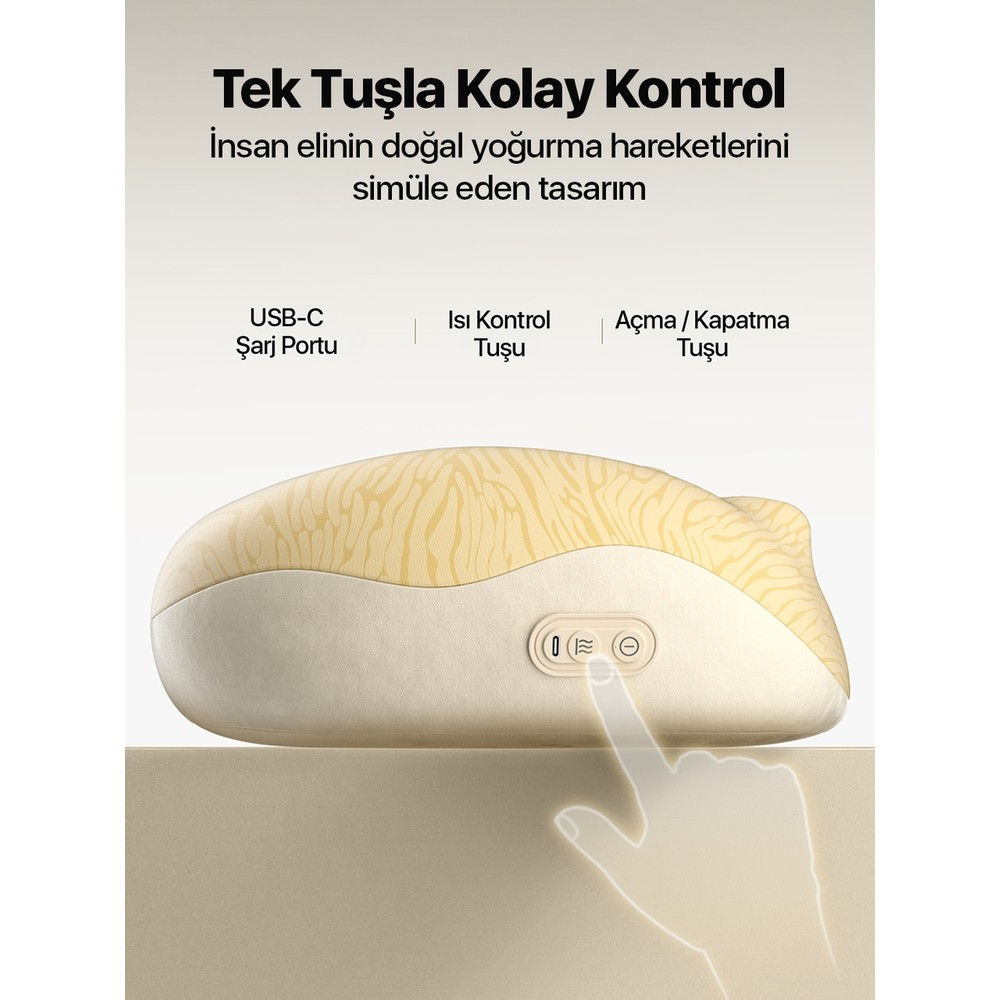 USB-C portu, ısı kontrolü ve açma/kapatma tuşu olan masaj aleti. Bir el kontrol paneline dokunuyor.