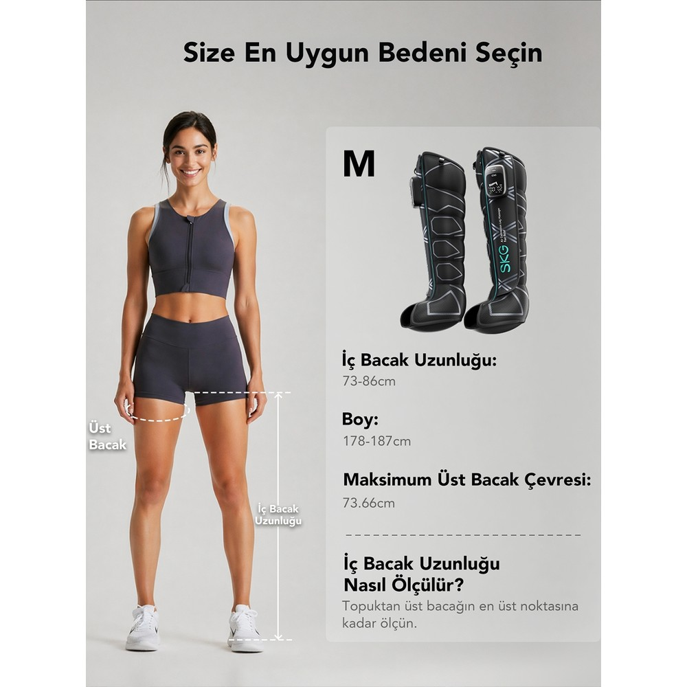 Ayakta duran bir kadın ve M beden ölçüleri ile bacak masaj aletleri beden tablosu.