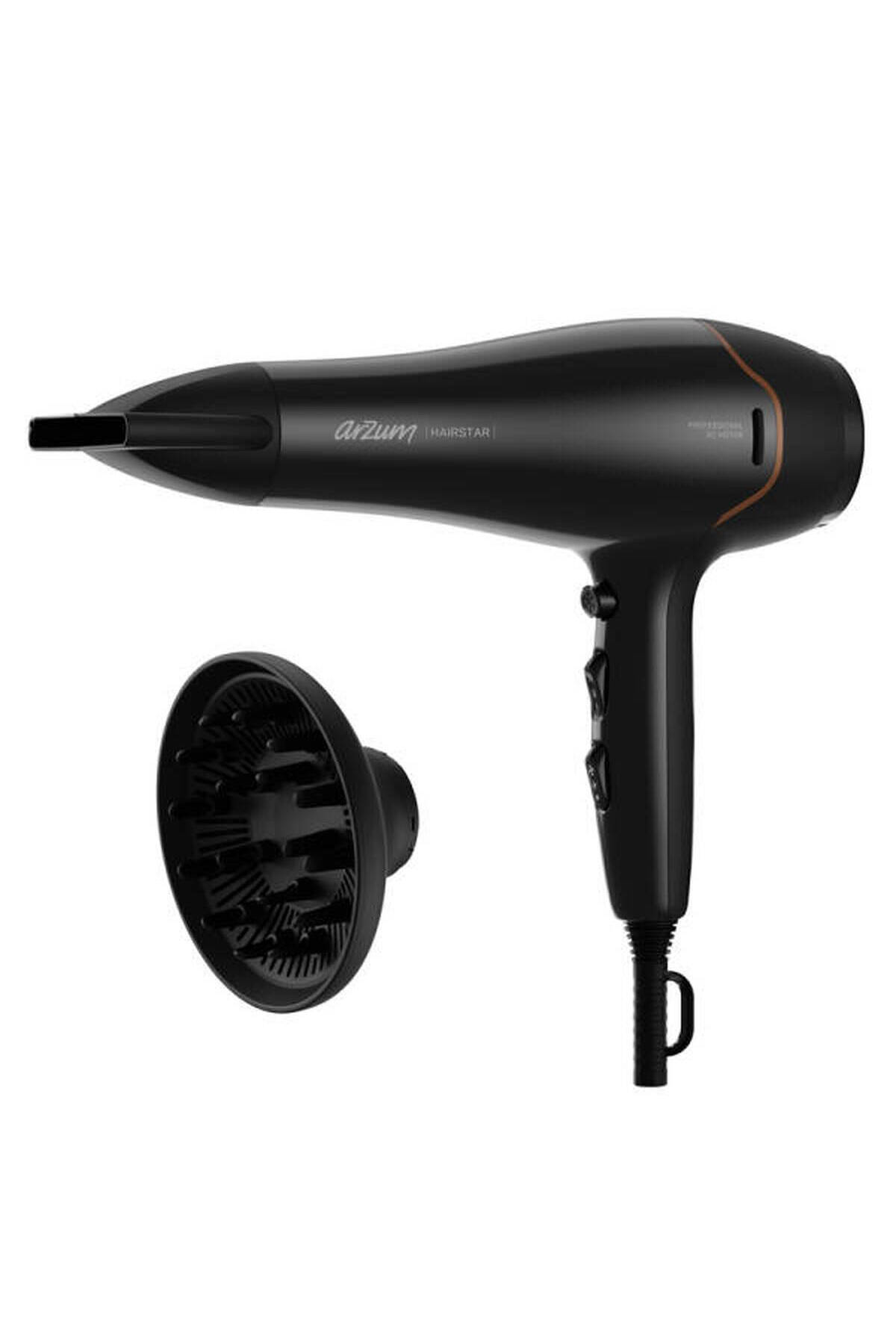 Beyaz arkaplanda siyah Arzum Hairstar saç kurutma makinesi, takılı başlık ve ayrı bir difüzör ile.