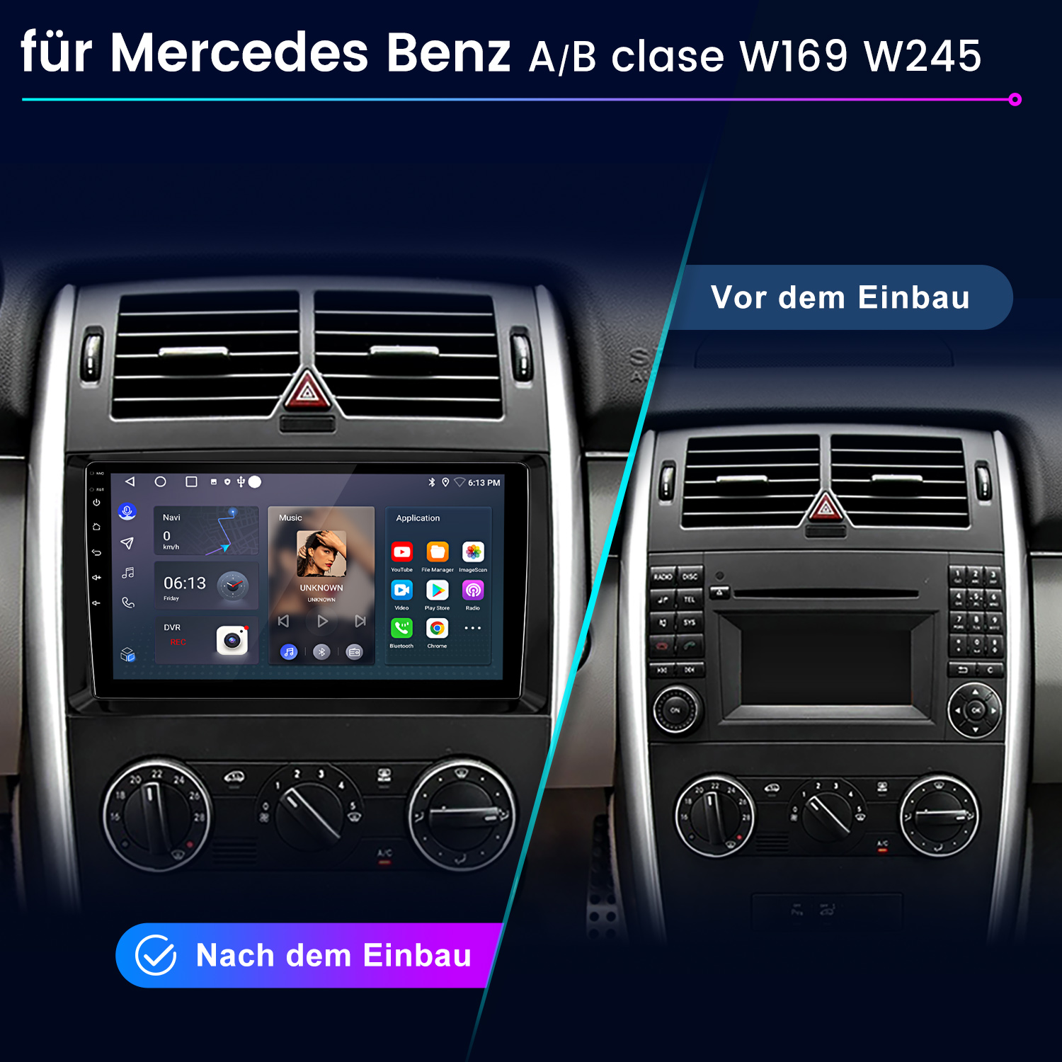 Vergleich eines Mercedes-Benz Armaturenbretts vor und nach dem Einbau eines Touchscreen-Multimediasystems.