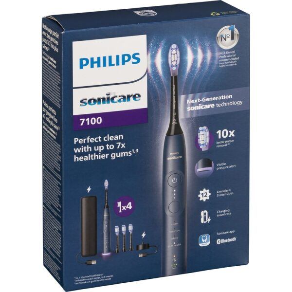 Blaue Philips Sonicare 7100 Zahnbürsten-Verpackung mit Bild der Zahnbürste und Zubehör.