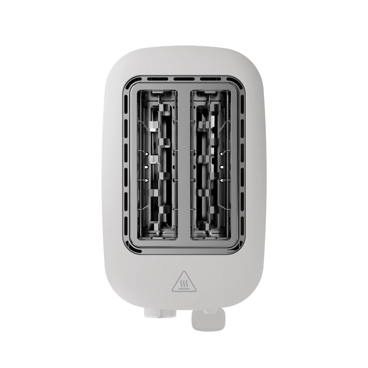 Vista superior de una tostadora blanca de dos ranuras, mostrando los elementos metálicos calientes en el interior.