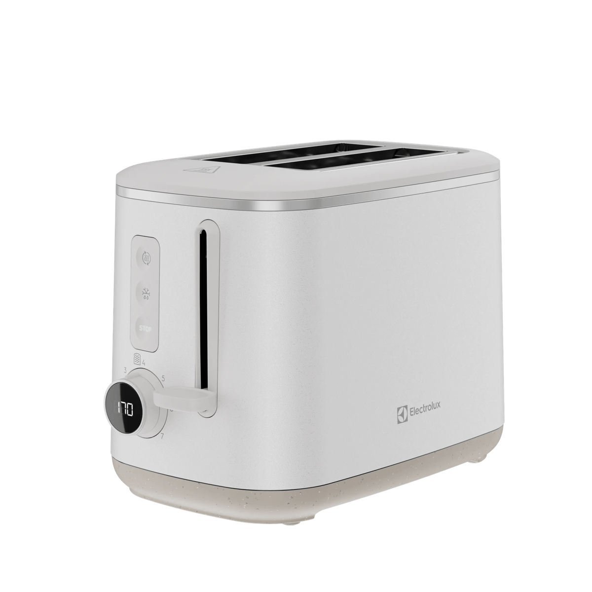 Un tostador blanco Electrolux de dos ranuras con botones de control y una pantalla digital en la perilla, sobre fondo blanco.