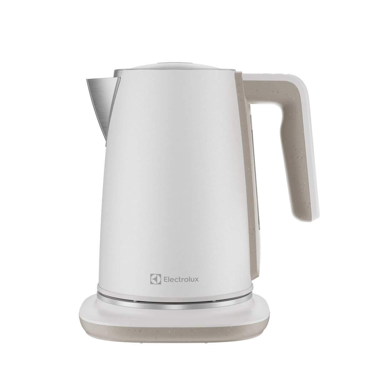 Un hervidor eléctrico Electrolux blanco con asa y base beige moteadas sobre fondo blanco.