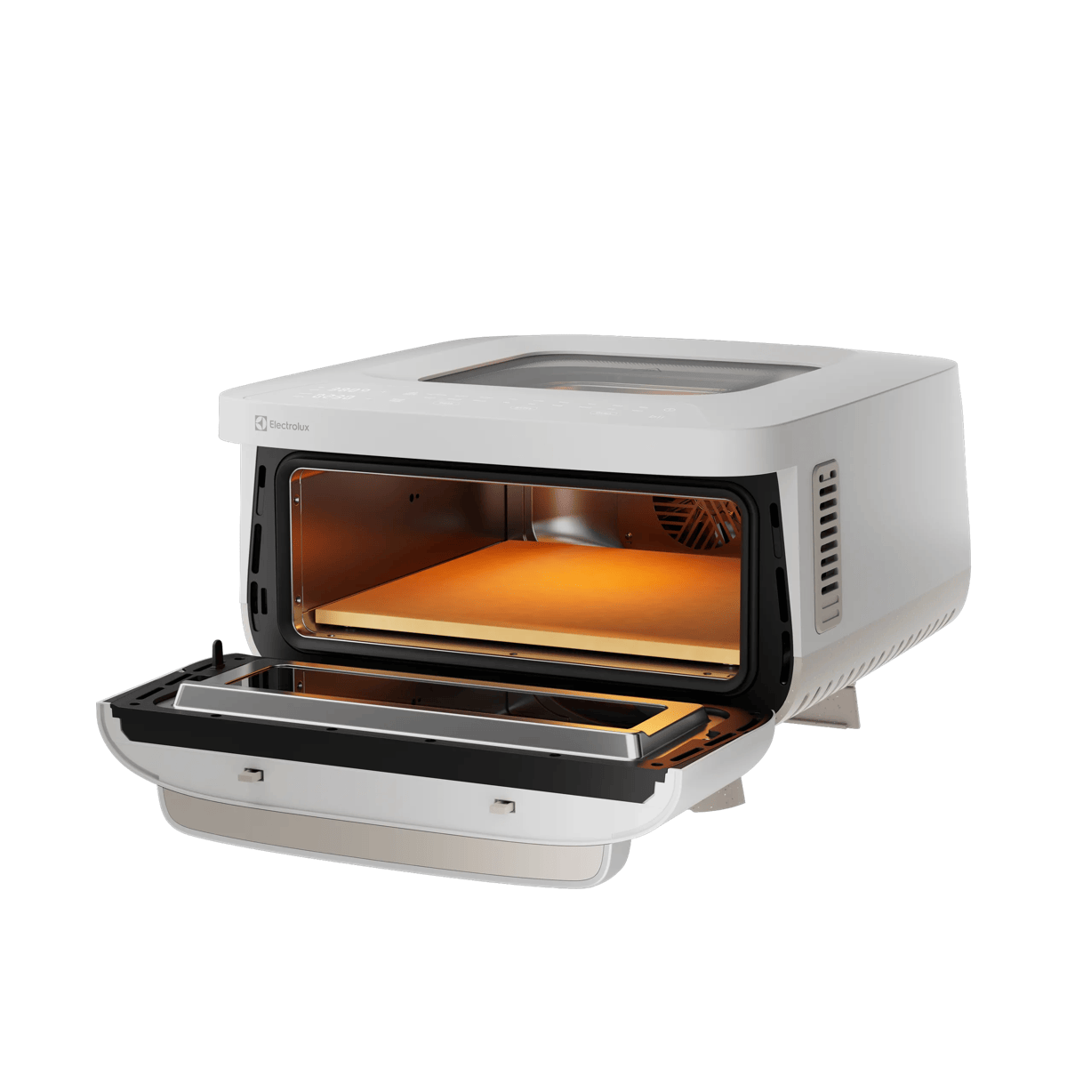 Un horno compacto blanco con la puerta abierta, interior iluminado y una piedra para hornear amarilla.