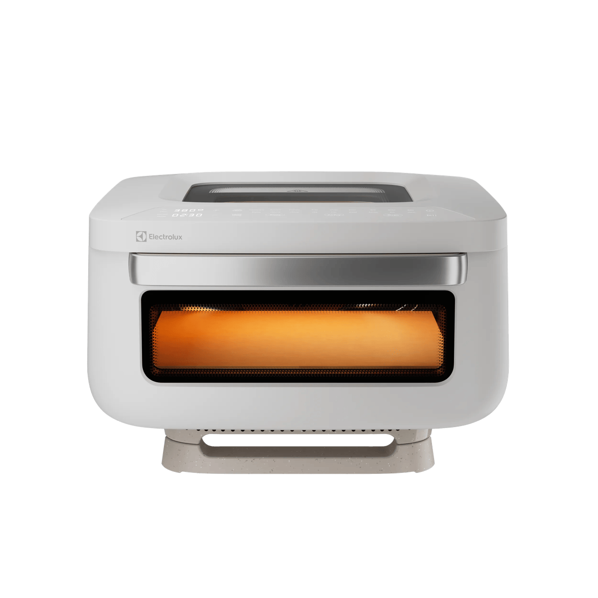 Una vaporera blanca Electrolux con luz naranja brillante dentro de la ventana de vidrio, sobre fondo blanco.