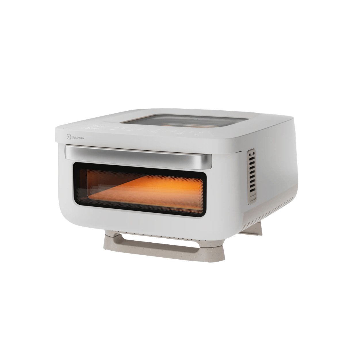 Un mini horno Electrolux blanco con interior naranja brillante y tirador plateado sobre fondo blanco.